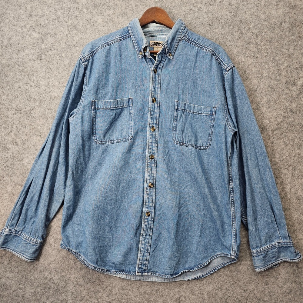 Vintage Western Button Down Jean Shirt Mens M Blue Denim Work Cabin Barn CAMPMOR